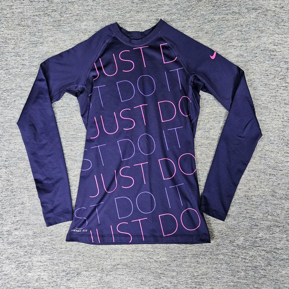 Nike Pro Combat Dri Fit Therma Just Do It Long Sleeve Shirt Purple Womens Small